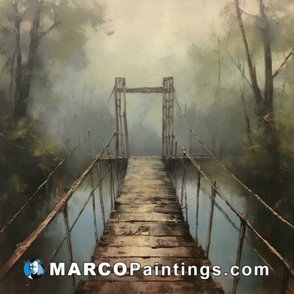 An oil painting of a wooden bridge
