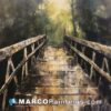 An oil painting of a wooden bridge with sun coming out of it