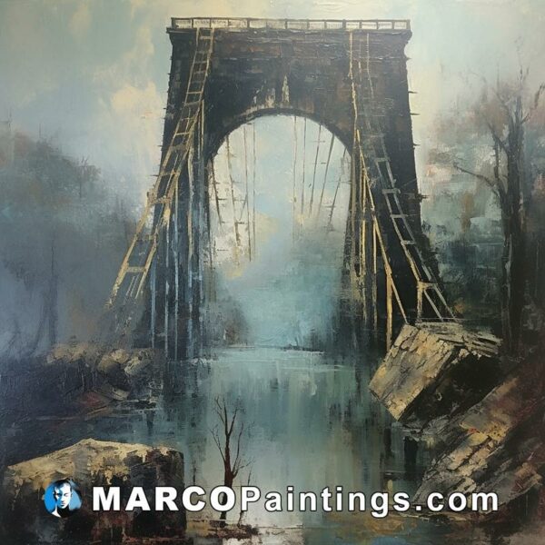 An oil painting of a wooden suspension bridge