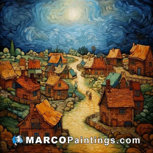 An oil painting of a wooden village at night
