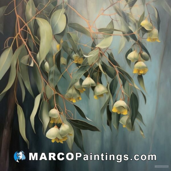 An oil painting of a yellow flowered eucalyptus tree
