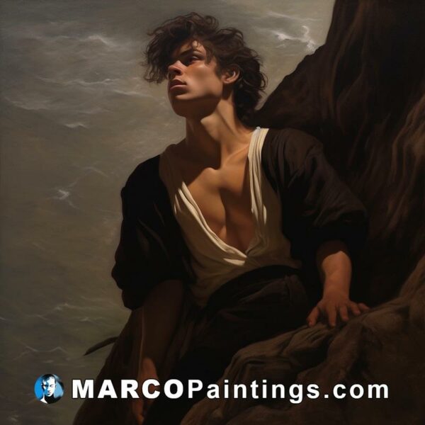 An oil painting of a young man standing up in the cliff