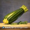 An oil painting of a zucchini on a table