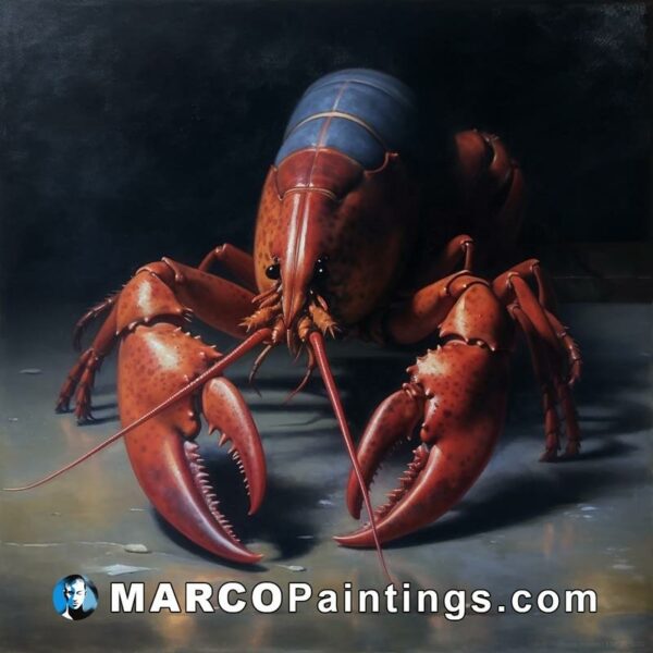 An oil painting of an actual lobster in water with eyes
