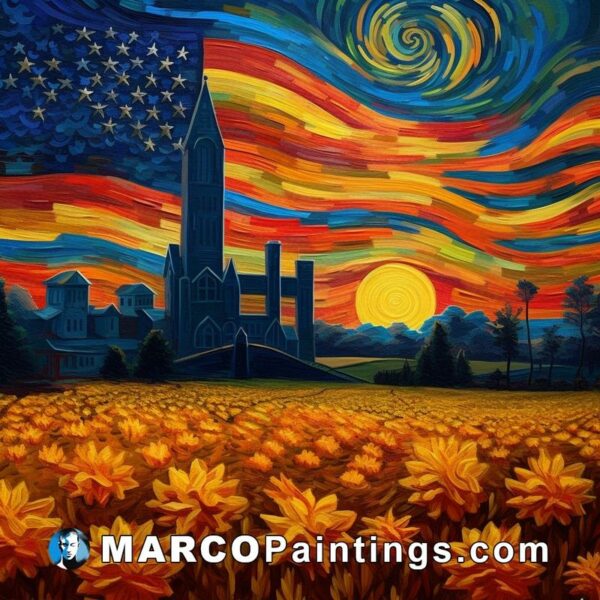 An oil painting of an american flag and flower field