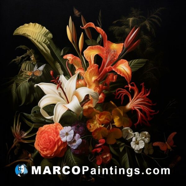 An oil painting of an arrangement of flowers