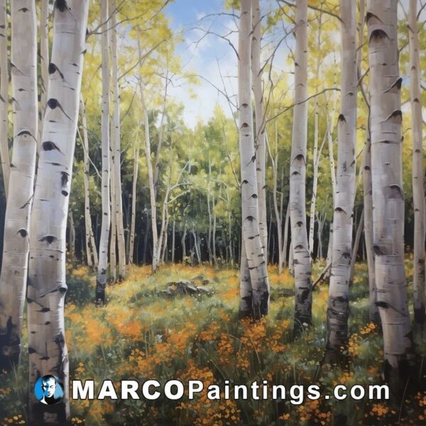 An oil painting of an aspen forest with orange flowers