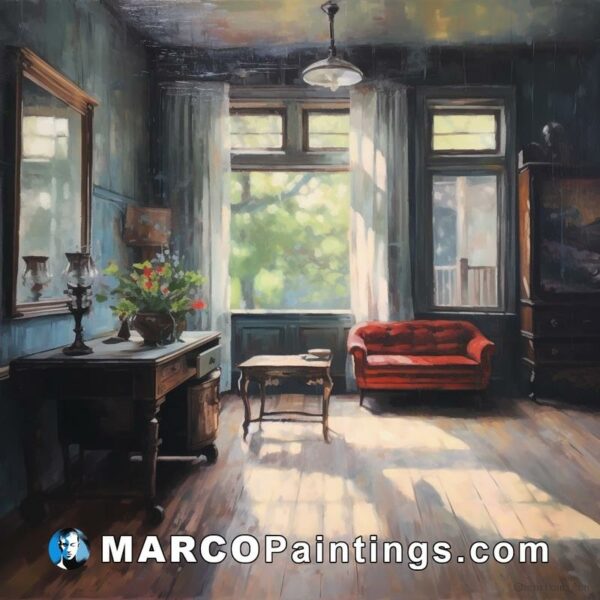 An oil painting of an empty room with a red couch