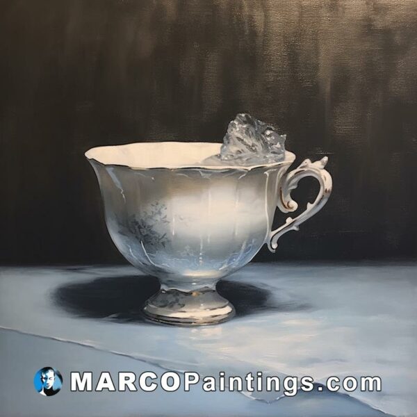 An oil painting of an empty tea cup with an ice cube inside