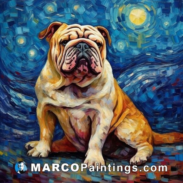 An oil painting of an english bulldog sitting under the stars