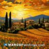 An oil painting of an italian countryside area with sunflowers in the sunset