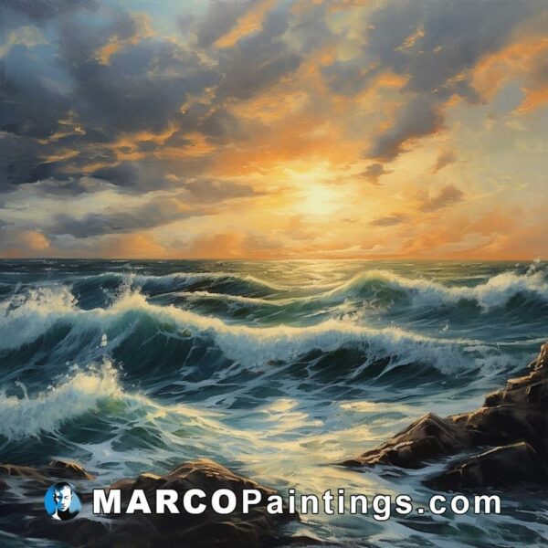 An oil painting of an ocean sunset