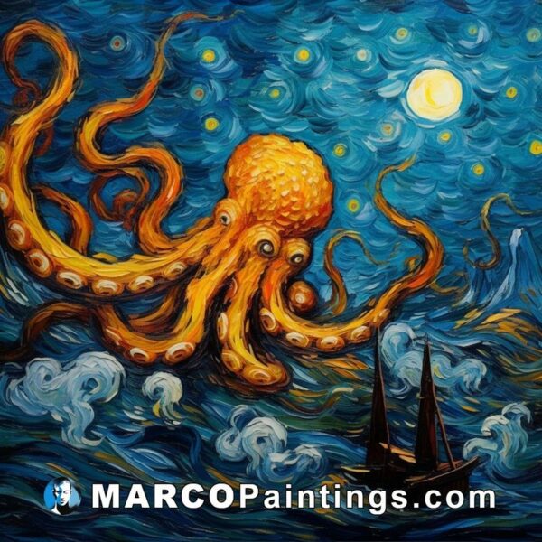 An oil painting of an octopus surrounded by the moon and night