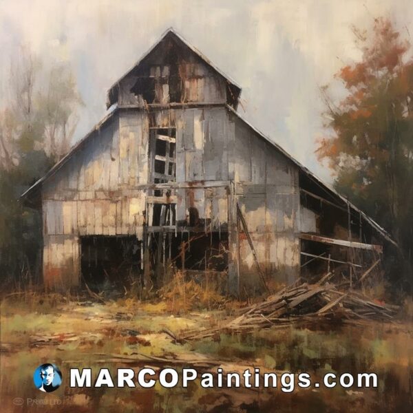 An oil painting of an old abandoned barn