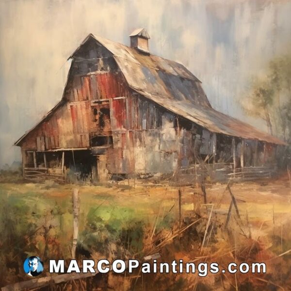 An oil painting of an old barn in the countryside