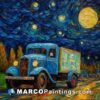 An oil painting of an old blue truck under a starry night