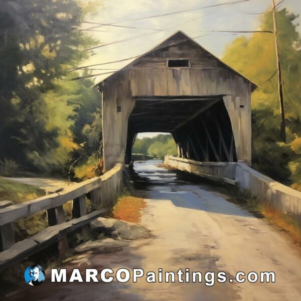 An oil painting of an old covered bridge in the countryside