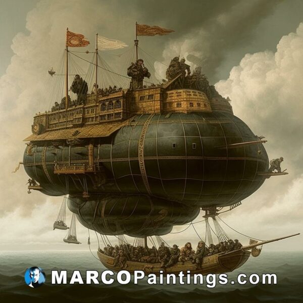 An oil painting of an old fashioned dirigible