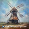 An oil painting of an old windmill sitting in the countryside