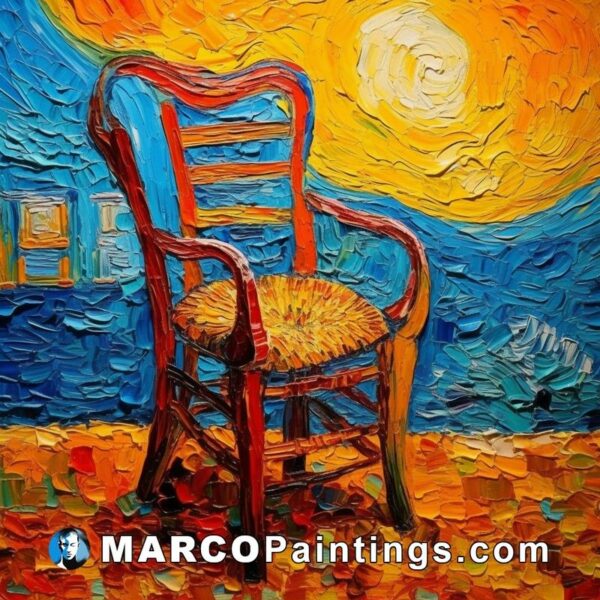 An oil painting of an old wooden chair with a red sun