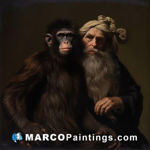 An oil painting of an older man and his chimpanzee