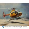 An oil painting of an orange helicopter flying through the air