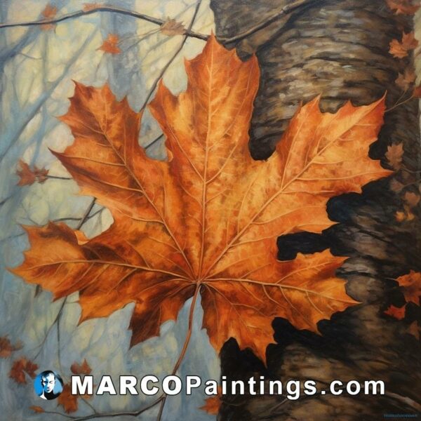 An oil painting of an orange maple leaf on the ground