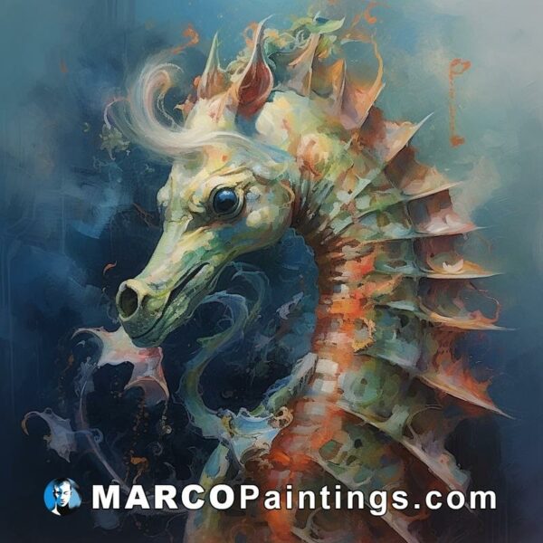 An oil painting of an orange sea horse