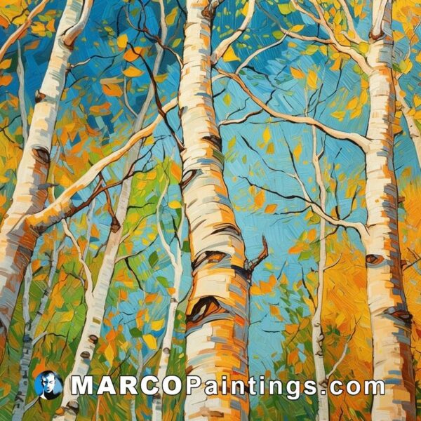 An oil painting of autumn birch trees