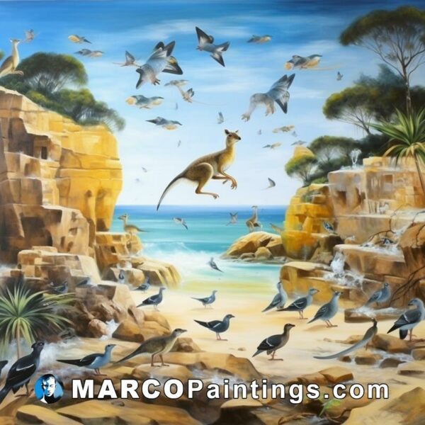 An oil painting of birds and kangaroos flying above the beach