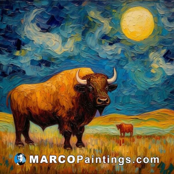 An oil painting of bison in the night sky