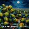 An oil painting of cabbages under a moonlit sky