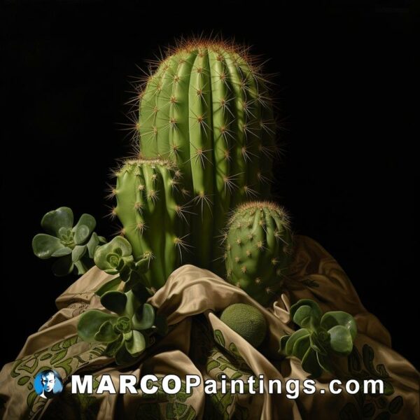 An oil painting of cactus plants on fabric