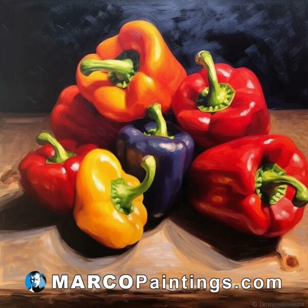 An oil painting of colorful peppers on a table