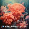 An oil painting of corals with seaweed and corals