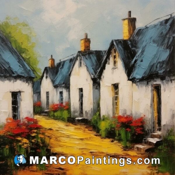 An oil painting of cottages with a red flower path