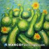 An oil painting of cucumbers and sunflowers are shown