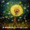 An oil painting of dandelion blowing at night