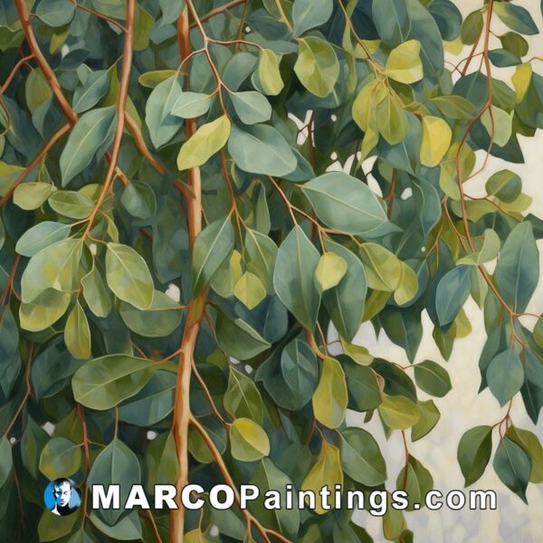 An oil painting of eucalypt leaves on a tree