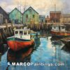 An oil painting of fishing boats at the docks
