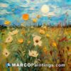 An oil painting of flowers in a field with a full moon
