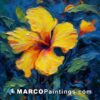 An oil painting of golden hibiscus in a blue environment