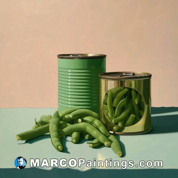 An oil painting of green beans and cans