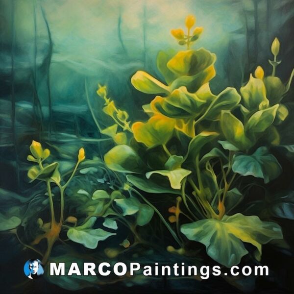 An oil painting of green plants in the water
