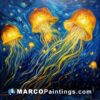 An oil painting of jellyfish swimming in the night sky