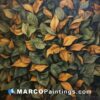 An oil painting of leaves with orange and green color
