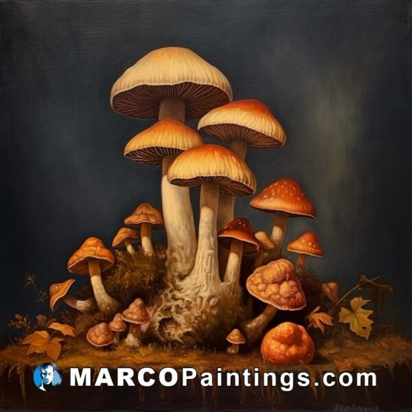 An oil painting of many mushrooms on the ground with autumn leaves