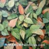 An oil painting of many orange and green leaves