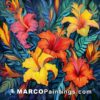 An oil painting of many tropical flowers on dark blue background