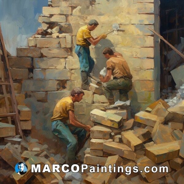 An oil painting of men building a building